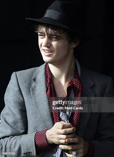 Pete Doherty of Babyshambles performs on the Other Stage at Worthy Farm, Pilton near Glastonbury, on June 23 2007 in Somerset, England. The festival,...