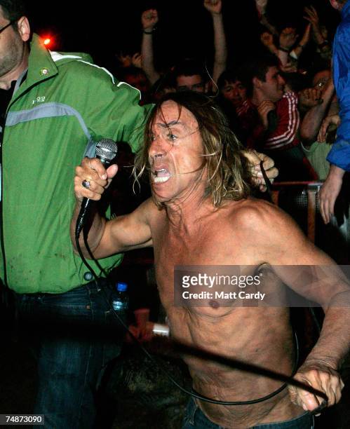 Iggy Pop performs on the Other Stage at Worthy Farm, Pilton near Glastonbury, on June 23 2007 in Somerset, England. The festival, that was started by...