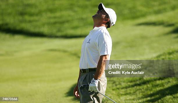 Jay Williamson reacts to his chip shot on the 18th hole during the third round of the Travelers Championship at the TPC River Highlands June 23, 2007...