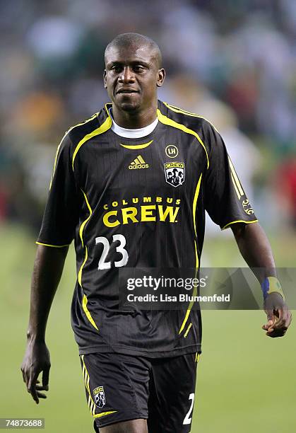 Ezra Hendrickson of the Columbus Crew walks off the field after being ejected in the first half of the game against the Los Angeles Galaxy at Home...