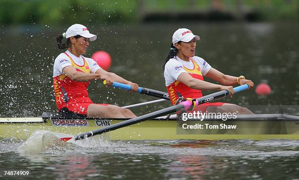 Yage Zhang and Yulan Gao of China on their way to winning the Womens Pairs during day 3 of the FISA Rowing World Cup at the Bosbaan on June 24, 2007...