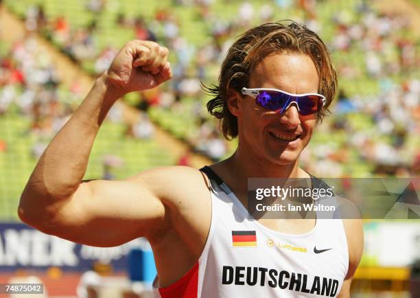 Tim Lobinger of Germany celebrates victory in the Men's Pole Vault during the Spar European Cup event held at the Olympic Stadium on June 24, 2007 in...