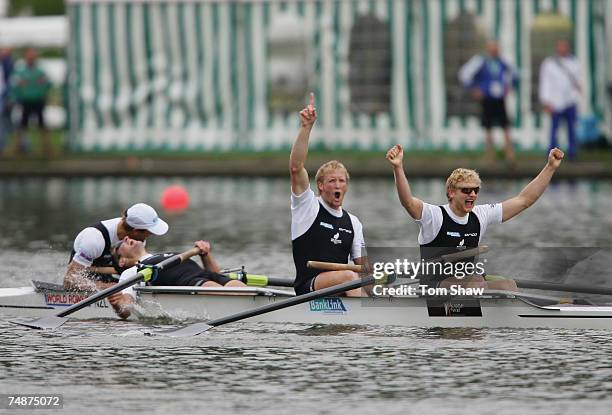 Carl Meyer, James Dallinger, Eric Murray and Hamish Bond of New Zealand celebrate winning the Mens Four Final A during day 3 of the FISA Rowing World...