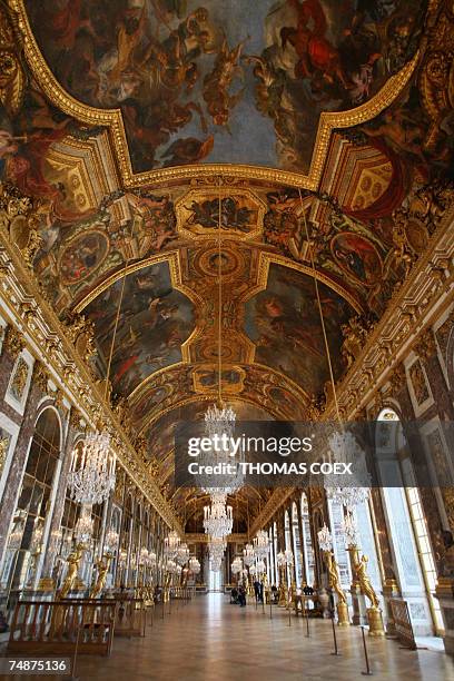 View taken 22 June 2007 shows the "Hall of Mirrors" at Versailles castle, west of Paris, painted by French artist Charles Le Brun following its...