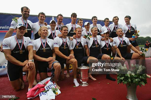 Members of GB1 and GB2 teams pose for a picture after coming 3rd and first in the Mens Eight final during day 3 of the FISA Rowing World Cup at the...