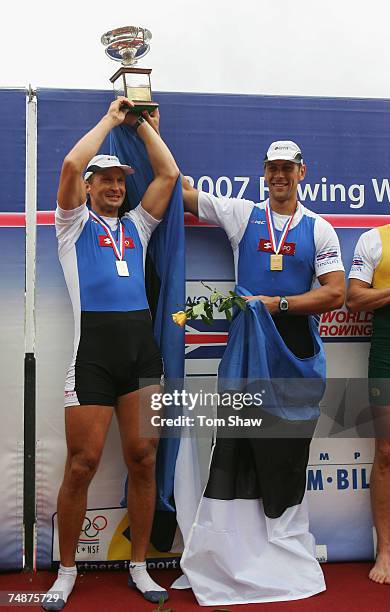 Jueri Jaanson and Tonu Endrekson of Estonia celebrate winning the Mens Doubles Sculls Final A during day 3 of the FISA Rowing World Cup at the...