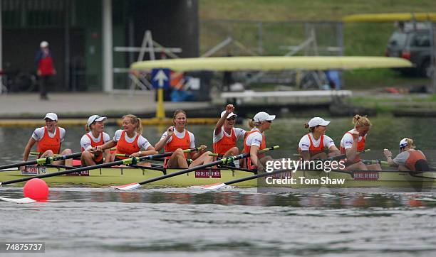 The Holland team celebrate winning the Womens Eight final during day 3 of the FISA Rowing World Cup at the Bosbaan on June 24, 2007 in Amsterdam,...