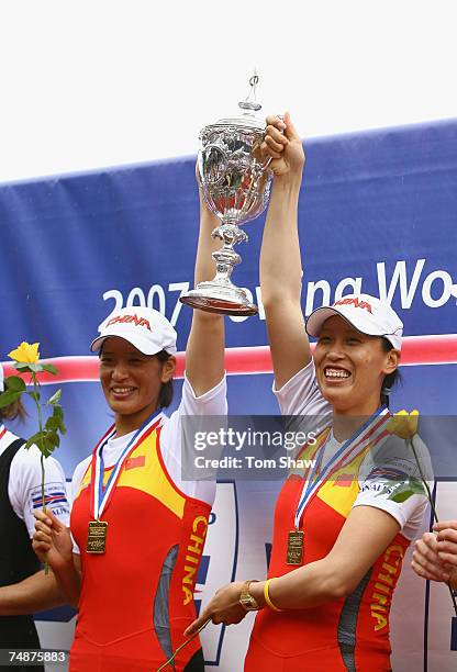 Qin Li and Liang Tian of China 1 celebrate winning the women's Double Sculls Final A during day 3 of the FISA Rowing World Cup at the Bosbaan on June...