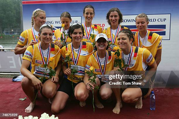 The German team celebrate winning silver in the Womens Eight final during day 3 of the FISA Rowing World Cup at the Bosbaan on June 24, 2007 in...