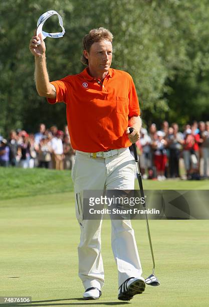 Bernhard Langer of Germany celebrates on the 18th hole during the final round of The BMW International Open Golf at The Munich North Eichenried Golf...