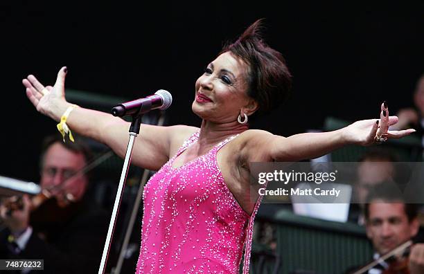 Dame Shirley Bassey performs on the Pyramid Stage at Worthy Farm, Pilton near Glastonbury, on June 24 2007 in Somerset, England. The festival, that...