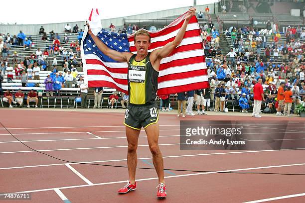 Alan Webb celebrates after winning the men's 1500 meter run during day four of the AT&T USA Outdoor Track and Field Championships at IU Michael A....