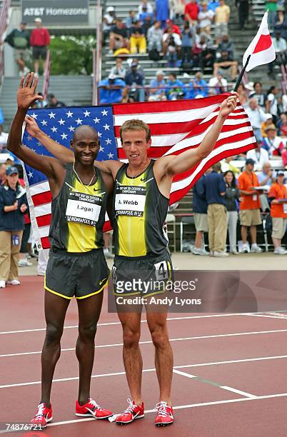 Alan Webb and Bernard Lagat wave to the crowd after Webb won the men's 1500 meter run during day four of the AT&T USA Outdoor Track and Field...