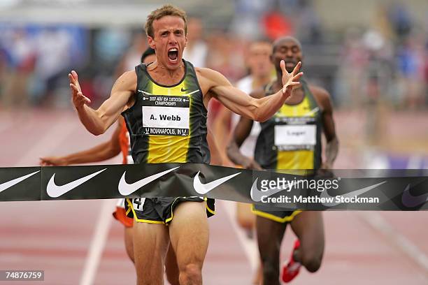 Alan Webb celebrates winning the men's 1500 meter run over Bernard Lagat during day four of the AT&T USA Outdoor Track and Field Championships at IU...