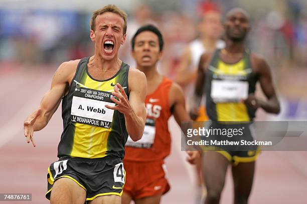 Alan Webb celebrates winning the men's 1500 meter run over Leonel Manzano and Bernard Lagat during day four of the AT&T USA Outdoor Track and Field...