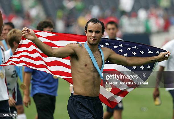 Landon Donovan of the USA celebrates after their 2-1 win against Mexico during the CONCACAF Gold Cup Final match at Soldier Field on June 24, 2007 in...
