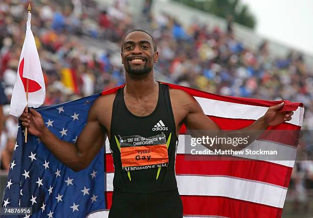 Tyson Gay celebrates after winning the men's 200 meter dash during day four of the AT&T USA Outdoor Track and Field Championships at IU Michael A....