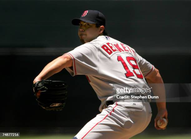 Pitcher Josh Beckett of the Boston Red Sox throws a pitch against the San Diego Padres on June 24, 2007 at Petco Park in San Diego, California. The...