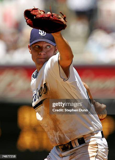 Pitcher Jake Peavy of the San Diego Padres throws a pitch against the Boston Red Sox on June 24, 2007 at Petco Park in San Diego, California. The Red...