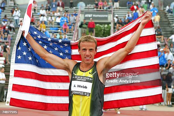 Alan Webb celebrates winning the men's 1500 meter run during day four of the AT&T USA Outdoor Track and Field Championships at IU Michael A. Carroll...