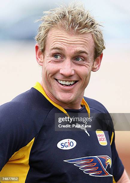 Michael Braun looks on during a West Coast Eagles AFL recovery session at Kitchener Park on June 25, 2007 in Perth, Australia.