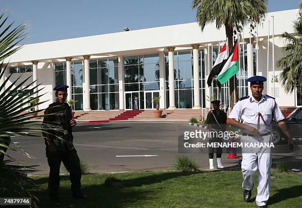Sharm El-Sheikh, EGYPT: Egyptian security officers stand outside the congress center where Israeli Prime Minister Ehud Olmert, Egyptian President...