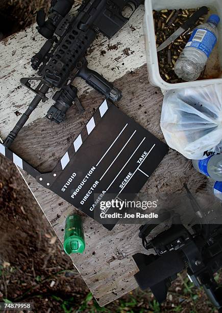 Weapon lays on a table on the set of Girls and Guns, a web-based reality show featuring women shooting weapons June 23, 2007 in Homestead, Florida....