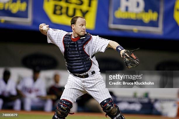 Mike Redmond of the Minnesota Twins throws the ball in a game against the Milwaukee Brewers at the Humphrey Metrodome in Minneapolis, Minnesota on...