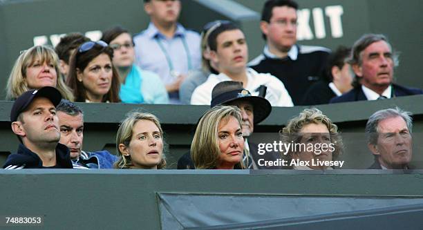 Tim Henman's wife Lucy , agent Jan Felgate , mother Jane and father Anthony look on during the Men's Singles first round match between Tim Henman of...