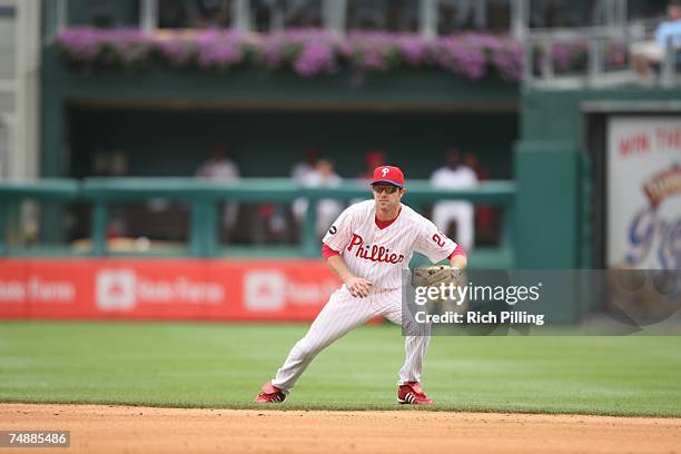Chase Utley of the Philadelphia Phillies fields during the game against the Chicago White Sox at Citizens Bank Park in Philadelphia, Pennsylvania on...