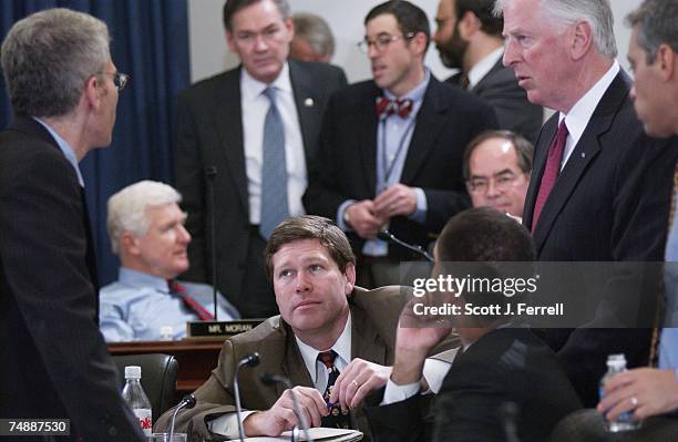 Democrat staff director Tom Kahn, Ron Kind, D-Wis., Artur Davis, D-Ala., Mike Thompson, D-Calif., and Rahm Emanuel, D-Ill., all foreground, and James...