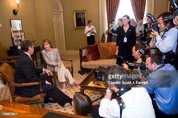 Senate Majority Leader Bill Frist, R-Tenn., and Mary Tyler Moore, who has diabetes, meet in Frist's office in the U.S. Capitol. The Senate is...