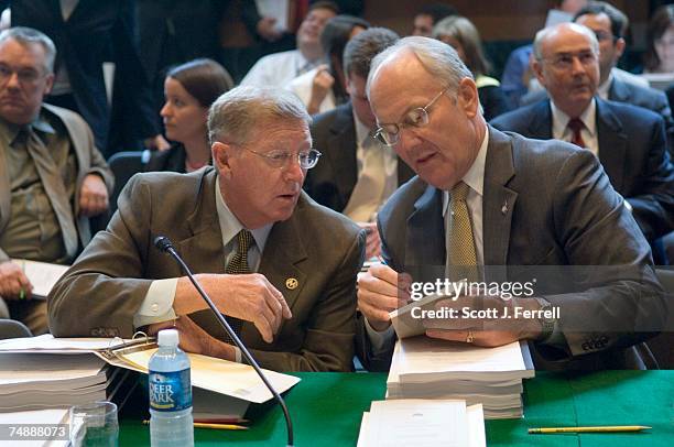 Sen. Conrad Burns, R-Mont., and Sen. Larry E. Craig, R-Idaho, consult before the Senate Appropriations markup of several appropriations bills,...