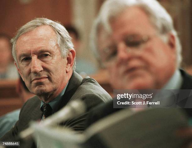 Senate Health, Education, Labor and Pensions Chairman James Jeffords, R-Vt., left, and ranking Democrat Ted Kennedy, D-Mass., during a news...