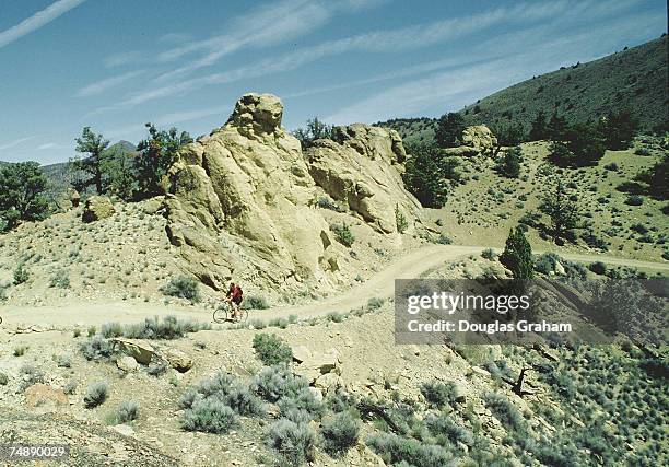 Mountain biker makes his way along a U.S. Forest Service road near Smith Rock State Park.