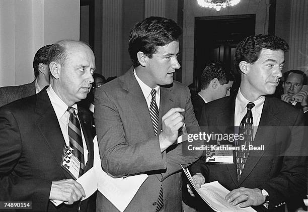 Freshmen representatives James Longley, R-Maine, Joe Scarborough, R-Fla., and Sam Brownback, R-Kan., talk to reporters.