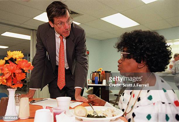 Democratic candidate James G. Blaine talks to Beatrice Coleman at Coatesville Senior Center in Coatesville, Pa., during a campaign stop. Blaine is...