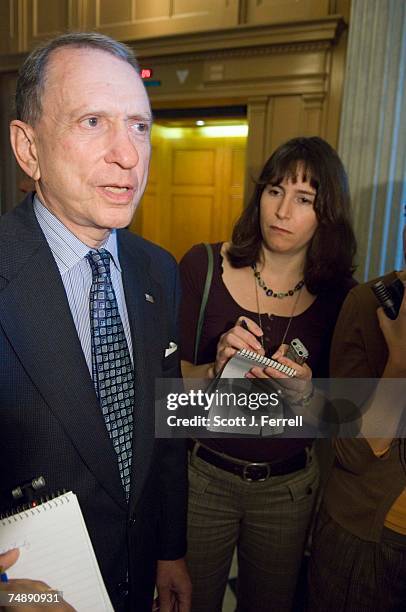 Sen. Arlen Specter, R-Pa., talks to reporters outside the Senate chamber after the Senate, clearing a significant hurdle for a military tribunal bill...