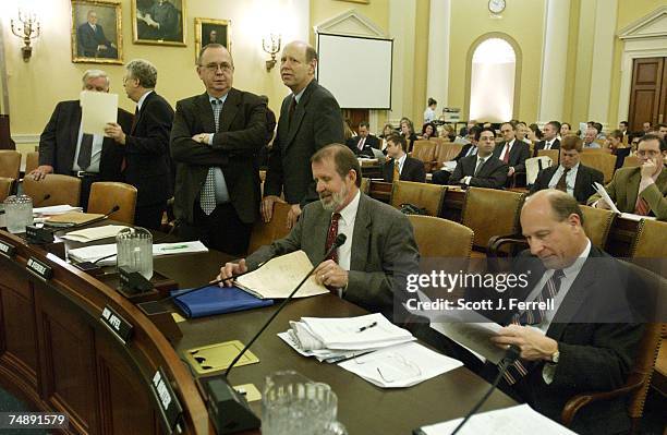 Witnesses wait for the start of the Ways and Means hearing on social security. They are, left to right: Lawrence Lindsey, former director of Bush's...