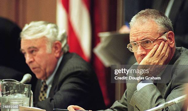 Ranking member Lee Hamilton, D-Ind., right, and Chairman Ben Gilman, R-N.Y.,during markup of HR 1486, foreign aid and State Department authorization.