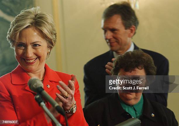 Sen. Hillary Rodham Clinton, D-N.Y., left, Sen. Barbara Mikulski, D-Md., and Senate Minority Leader Tom Dashle, D-S.D., during a news conference of...