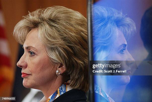 Sen. Hillary Rodham Clinton, D-N.Y., during a news conference with Sen. Conrad Burns, R-Mont., on a bill they are co-sponsoring that is aimed at...