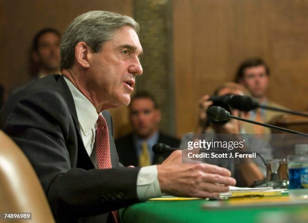 Director Robert S. Mueller III testifies during the Senate Judiciary oversight hearing.
