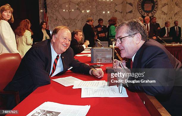 Sen. Max Cleland, D-Ga., left, and Bob Bennett, attorney for witness Harold M. Ickes, former deputy chief of staff for President Clinton, talk before...