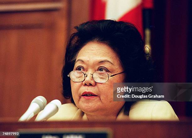 Ranking Member Patsy T. Mink,D-Hawaii,during the Oversight and Investigations Subcommittee hearings to analyze the cost of the 1996 teamsters...