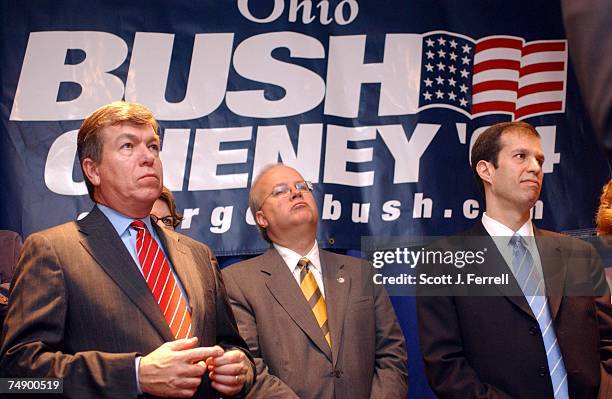 House Majority Roy Blunt, R-Mo., Bush chief political advisor Karl Rove and Bush campaign manager Ken Mehlman during a news conference after the Ohio...