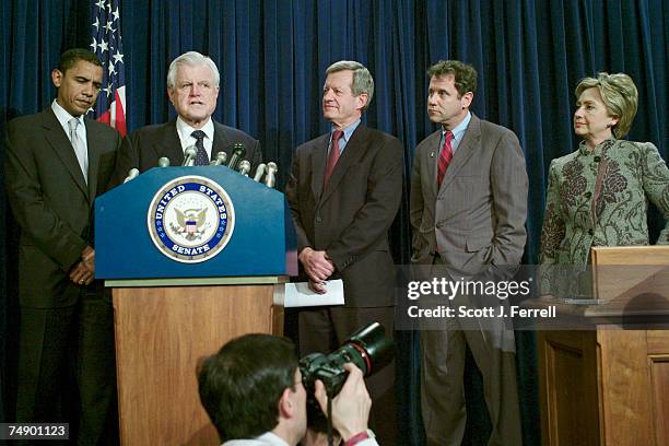 Sen. Barack Obama, D-Ill., Sen. Edward M. Kennedy, D-Mass., Sen. Max Baucus, D-Mont., Sen. Sherrod Brown, D-Ohio, and Sen. Hillary Rodham Clinton,...