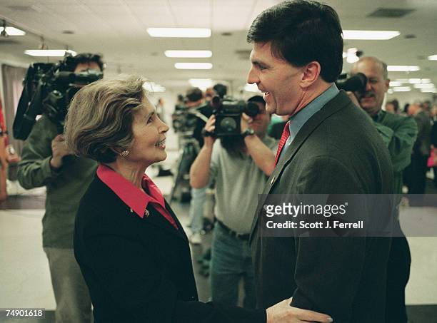 Connie Morella, R-Md., greets Robert L. Ehrlich Jr., R-Md., U.S. Representative from the 2nd district, during a rally at the Bethesda-Chevy Chase...