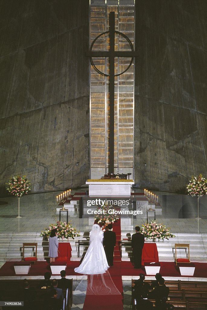 High angle view of a bride and a groom in a church, Tokyo Prefecture, Japan