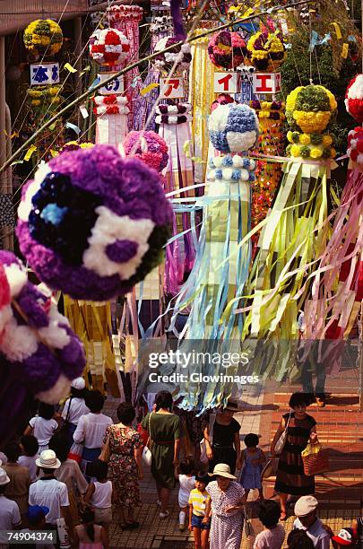 high angle view of a group of people in a traditional festival, tanabata festival, sendai, miyagi prefecture, japan - festival tanabata imagens e fotografias de stock